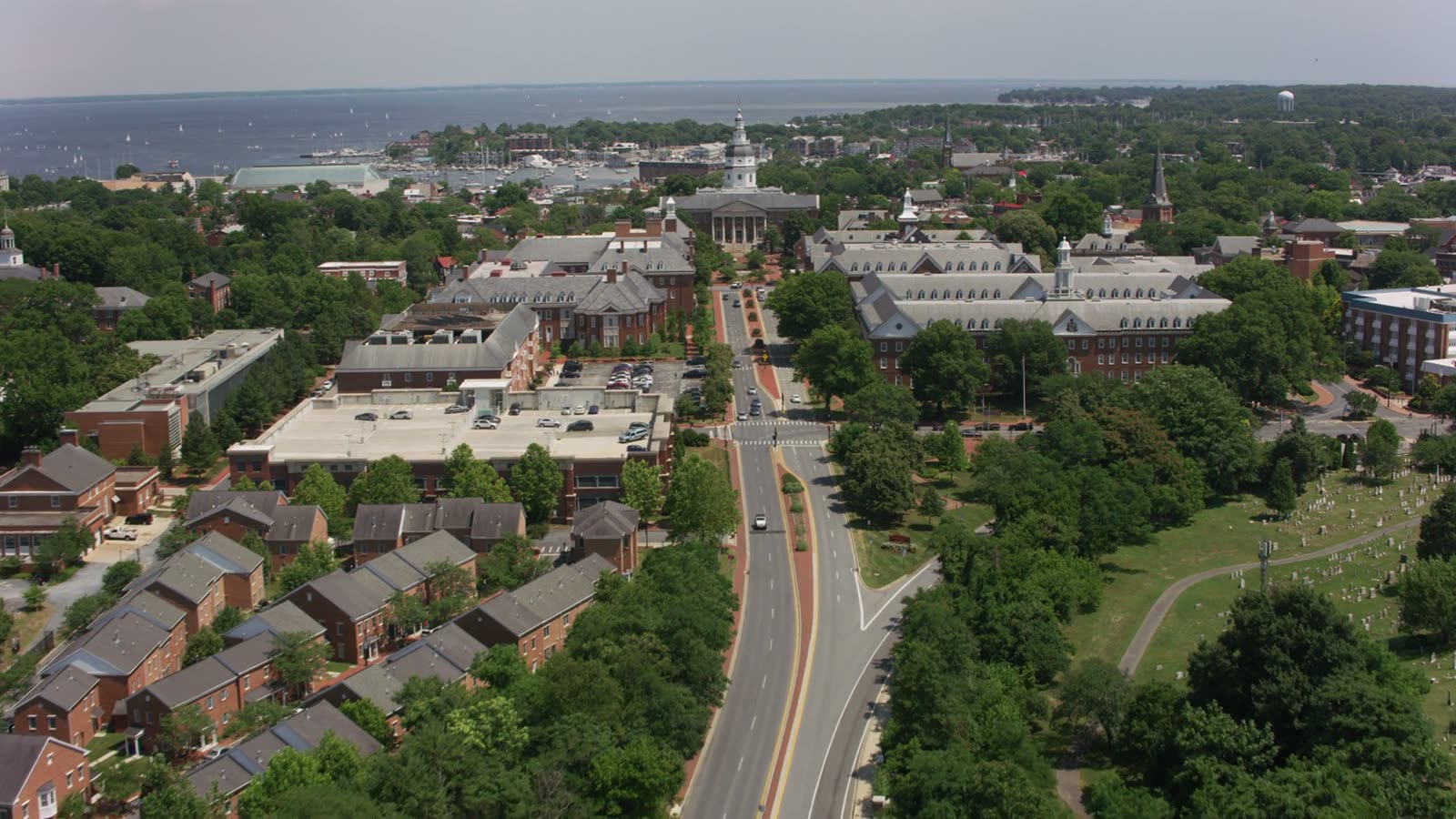 Aerial view of downtown Annapolis, Maryland, with the State House dome and the harbor